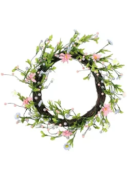 Brand new 💯 Northlight Daisy Twig Artificial Floral Wreath Green and Pink 15-Inch ✔️