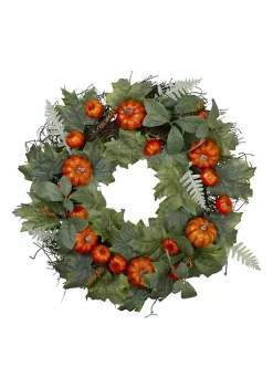 Flash Sale 🎉 Northlight Maple and Fern Leaves with Pumpkins Artificial Wreath Orange 24-Inch 🌟 -Outlet Northlight Store Belk 1566