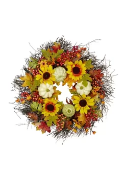 Hot Sale 👏 Northlight Sunflowers and Gourds Artificial 👪 Thanksgiving Wreath - 26-Inch Unlit 🥰