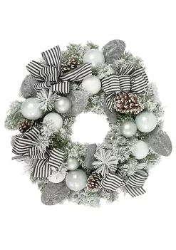 Cheapest 👍 Northlight Frosted Pine Artificial 🔔 Christmas Wreath with Striped Bows 24-Inch Unlit 🤩