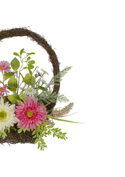 Budget ⭐ Northlight Chrysanthemum and Daisy Twig Basket Wreath Spring Decor Pink and Yellow 17" ✨ -Outlet Northlight Store Belk 721