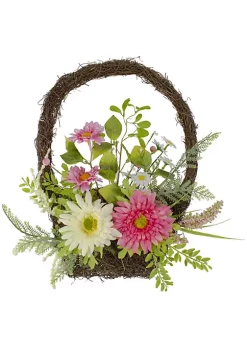 Budget ⭐ Northlight Chrysanthemum and Daisy Twig Basket Wreath Spring Decor Pink and Yellow 17" ✨ -Outlet Northlight Store Belk 723