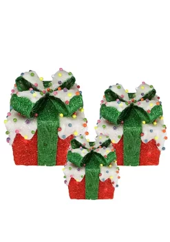 Discount ⌛ Northlight Set of 3 Red Lighted Snow and 🍬 Candy Covered Sisal Gift Boxes 🎄 Christmas Outdoor Decorations 🎁 -Outlet Northlight Store Belk 899