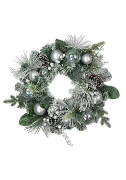 Brand new 🔔 Northlight Flocked Pine Artificial 🎄 Christmas Wreath with Iridescent Ornaments 24-Inch Unlit 💯