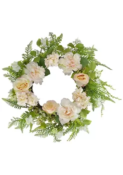 Outlet 😀 Northlight Rose and Peony Fern Artificial Floral Spring Wreath Pink - 24-Inch ⌛