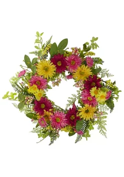 Deals 🎁 Northlight Chrysanthemum and Daisy Floral Spring Wreath Pink and Yellow 23" 🎁